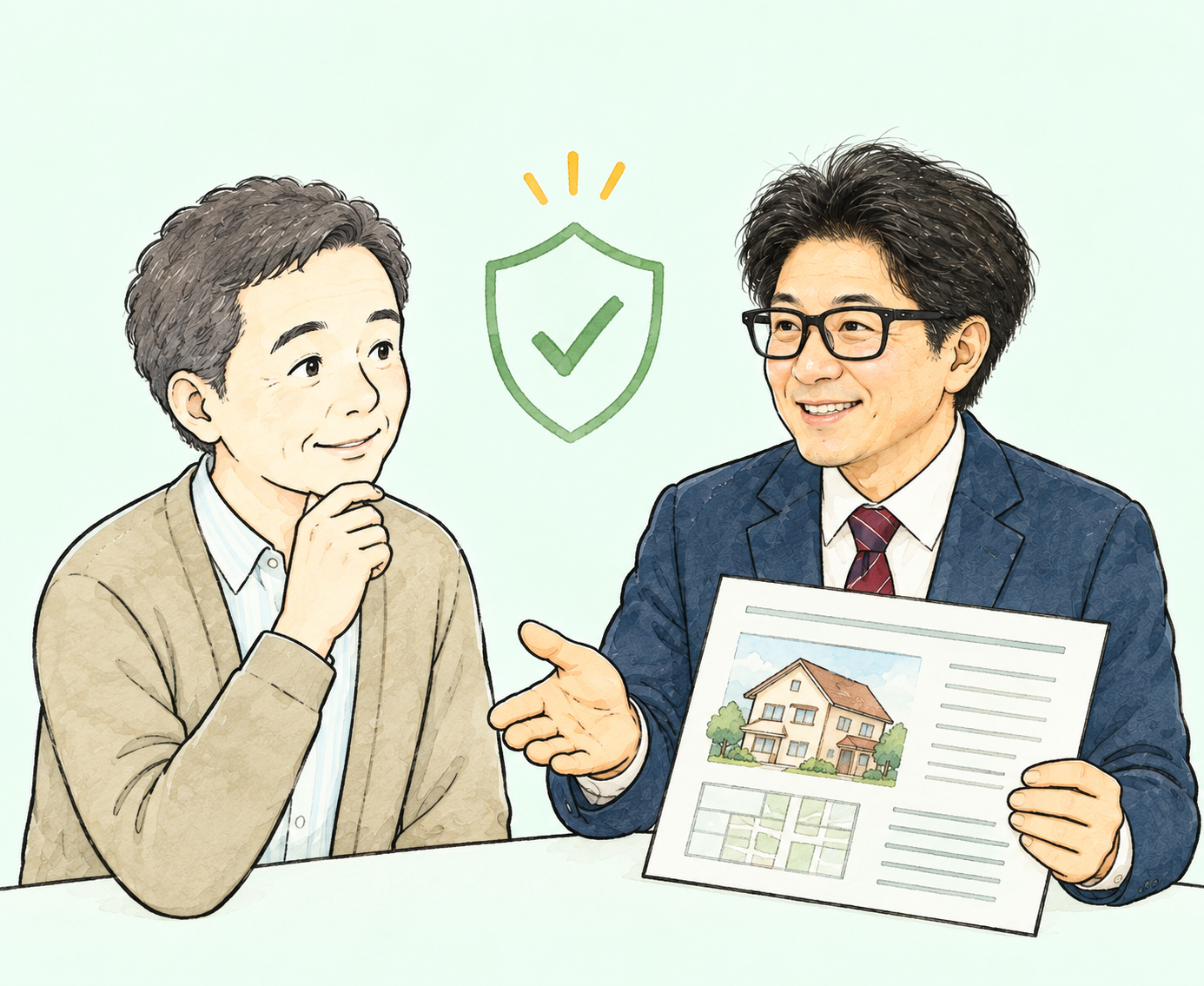 代表の大黒をイメージした担当者が、60歳前後の男性へ査定書を示しながら売却について丁寧に説明するイラスト